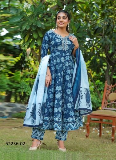 Sea Blue Pure Cotton Cambric Thread-Work Festive-Wear Pant-Bottom Readymade Salwar Kameez