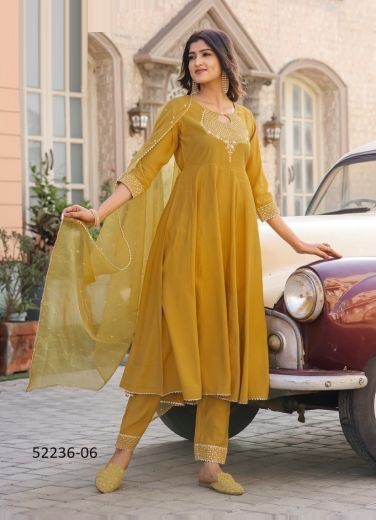 Mustard Yellow Roman Silk Thread-Work Festive-Wear Pant-Bottom Readymade Salwar Kameez