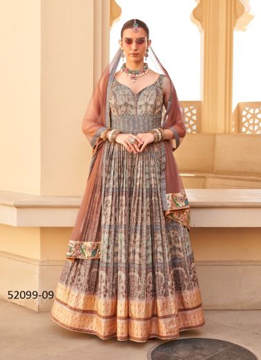 Peach Silk Foil-Printed Wedding-Wear Readymade Gown With Dupatta