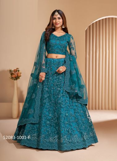 Sea Blue Net Embroidered Wedding-Wear Bridal Lehenga Choli With Can-Can