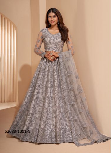 Silver Gray Net Embroidered Wedding-Wear Bridal Lehenga Choli With Can-Can