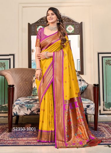 Yellow & Magenta Woven Paithani Silk Saree For Traditional / Religious Occasions