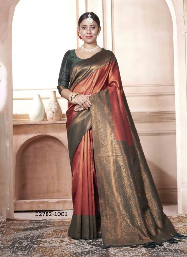 Maroon & Black Woven Kanjivaram Silk Saree For Traditional / Religious Occasions