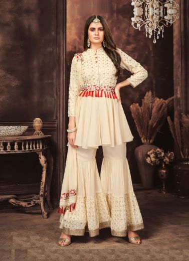 Bone White Georgette & Chinon Readymade Indo-Western Outfit