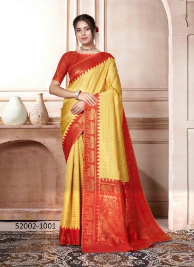 Yellow & Red Woven Kanjivaram Silk Saree For Traditional / Religious