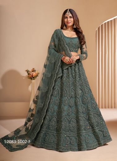 Dark Teal Green Net Embroidered Wedding-Wear Bridal Lehenga Choli With Can-Can