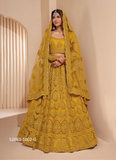 Mustard Yellow Net Embroidered Wedding-Wear Bridal Lehenga Choli With Can-Can