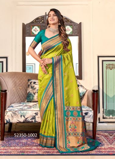 Lemon Green & Teal Blue Woven Paithani Silk Saree For Traditional / Religious Occasions