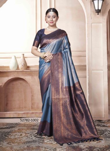 Steel Blue & Violet Woven Kanjivaram Silk Saree For Traditional / Religious Occasions