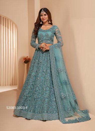 Light Blue Net Embroidered Wedding-Wear Bridal Lehenga Choli With Can-Can