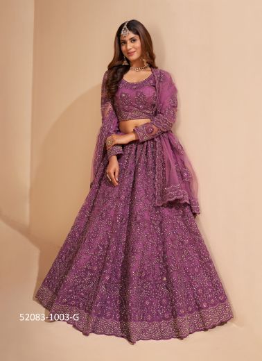 Purple Net Embroidered Wedding-Wear Bridal Lehenga Choli With Can-Can