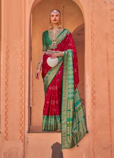 Crimson Red Patola Silk Weaving Party-Wear Saree