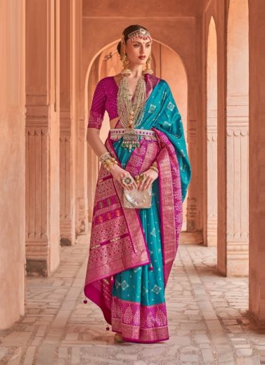 Aqua Blue Patola Silk Weaving Party-Wear Saree