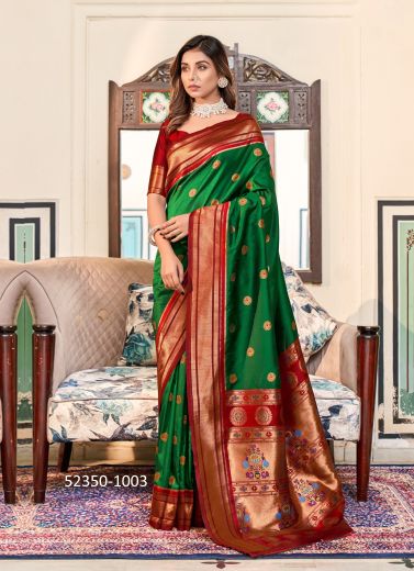 Green & Red Woven Paithani Silk Saree For Traditional / Religious Occasions