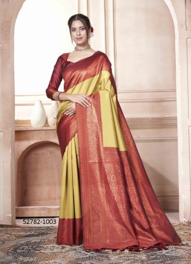 Yellow & Maroon Woven Kanjivaram Silk Saree For Traditional / Religious Occasions