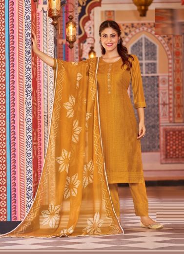 Dark Orange Silk Thread-Work Festive-Wear Pant-Bottom Readymade Salwar Kameez