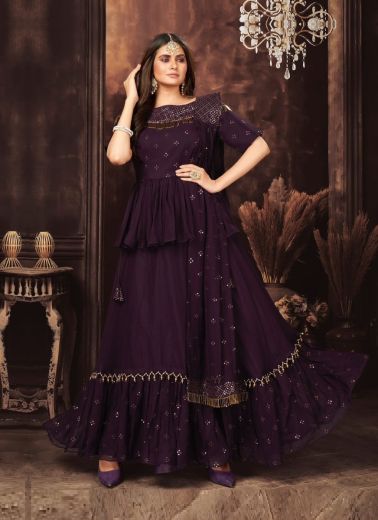 Dark Purple Georgette & Chinon Readymade Indo-Western Outfit