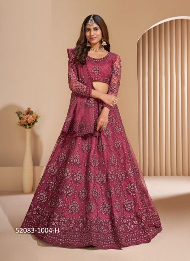 Wine Red Net Embroidered Wedding-Wear Bridal Lehenga Choli With Can-Can