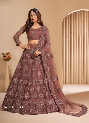 Brown Net Embroidered Wedding-Wear Bridal Lehenga Choli With Can-Can