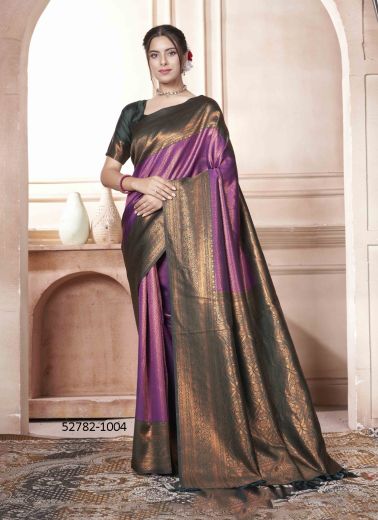 Purple & Black Woven Kanjivaram Silk Saree For Traditional / Religious Occasions