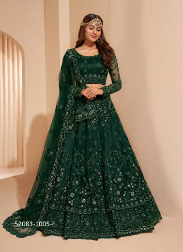 Dark Green Net Embroidered Wedding-Wear Bridal Lehenga Choli With Can-Can