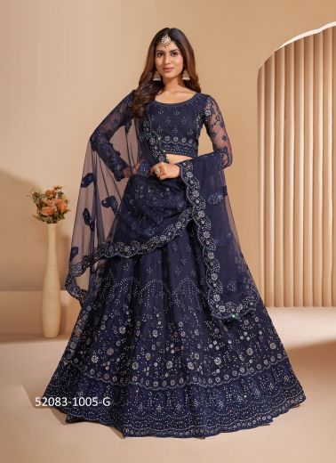 Blue Net Embroidered Wedding-Wear Bridal Lehenga Choli With Can-Can