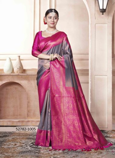 Gray & Magenta Woven Kanjivaram Silk Saree For Traditional / Religious Occasions