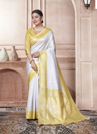 White & Yellow Woven Kanjivaram Silk Saree For Traditional / Religious Occasions