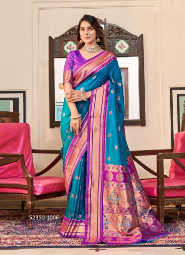 Aqua & Violet Woven Paithani Silk Saree For Traditional / Religious Occasions