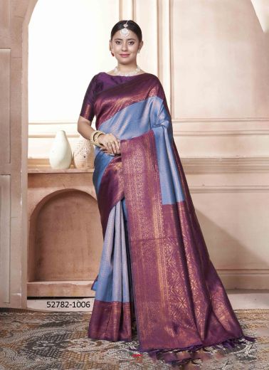 Sky Blue & Violet Woven Kanjivaram Silk Saree For Traditional / Religious Occasions