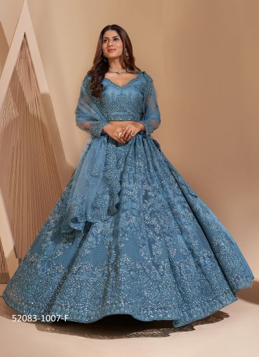 Sky Blue Net Embroidered Wedding-Wear Bridal Lehenga Choli With Can-Can