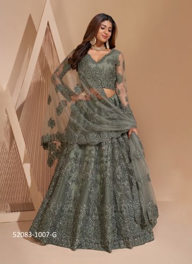 Warm Gray Net Embroidered Wedding-Wear Bridal Lehenga Choli With Can-Can