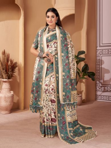 Bone White & Sage Blue Pashmina Printed Winter-Wear Saree With Shawl