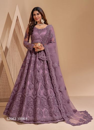 Light Purple Net Embroidered Wedding-Wear Bridal Lehenga Choli With Can-Can