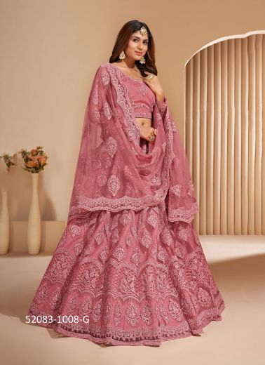 Pink Net Embroidered Wedding-Wear Bridal Lehenga Choli With Can-Can