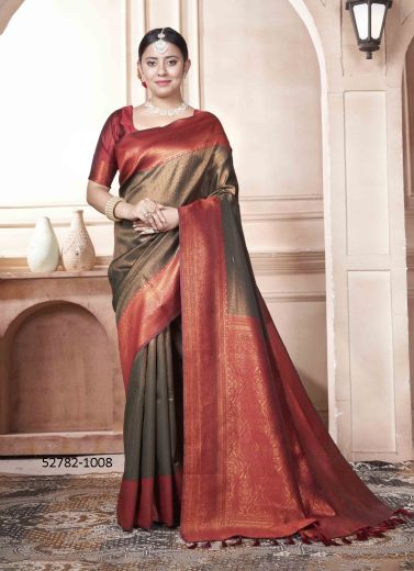 Gray & Maroon Woven Kanjivaram Silk Saree For Traditional / Religious Occasions