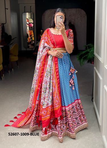 Red & Sky Blue Chinon Patola-Printed Navratri Special Lehenga Choli [Chaniya Choli For Garba]