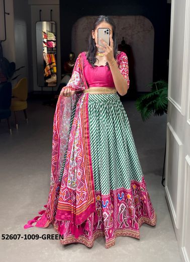 Magenta & Green Chinon Patola-Printed Navratri Special Lehenga Choli [Chaniya Choli For Garba]