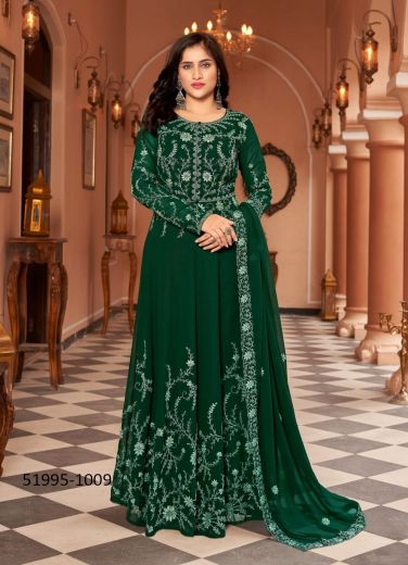 Green Georgette Embroidered Festive-Wear Floor-Length Salwar Kameez