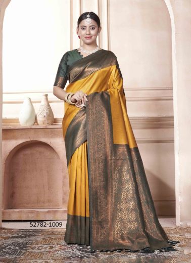 Mustard Yellow & Green Woven Kanjivaram Silk Saree For Traditional / Religious Occasions