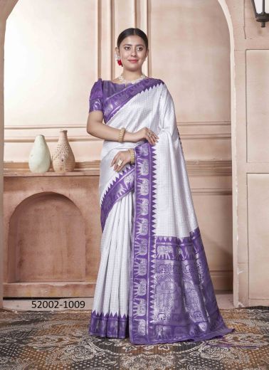 White & Violet Woven Kanjivaram Silk Saree For Traditional / Religious Occasions