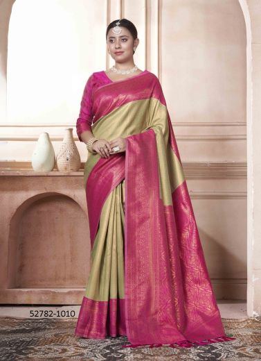 Pista Green & Magenta Woven Kanjivaram Silk Saree For Traditional / Religious Occasions