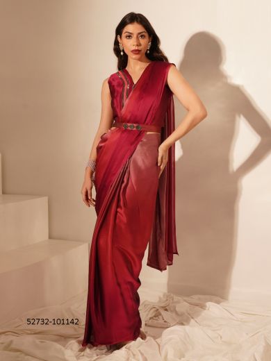 Red Vichitra Silk Shaded Party-Wear Ready-To-Wear Saree