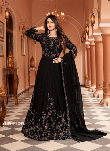 Black Georgette Embroidered Festive-Wear Floor-Length Salwar Kameez