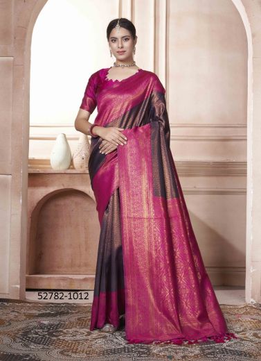 Violet & Magenta Woven Kanjivaram Silk Saree For Traditional / Religious Occasions