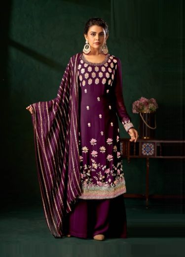 Purple Pure Viscose Bemberg Georgette Thread-Work Party-Wear Straight-Cut Salwar Kameez
