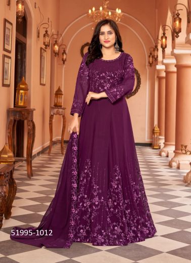 Purple Georgette Embroidered Festive-Wear Floor-Length Salwar Kameez