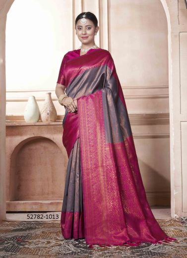 Steel BLue & Magenta Woven Kanjivaram Silk Saree For Traditional / Religious Occasions