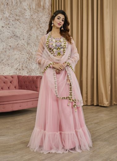 Light Pink Net Handwork Wedding-Wear Readymade Crop-Top Lehenga Choli