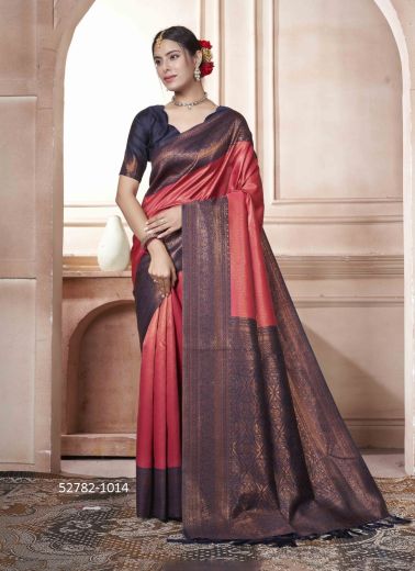 Red & Dark Violet Woven Kanjivaram Silk Saree For Traditional / Religious Occasions